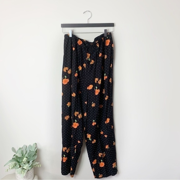 Women's Vintage Elastic Waist Black Floral Print Wide Leg Pants - Picture 1 of 7